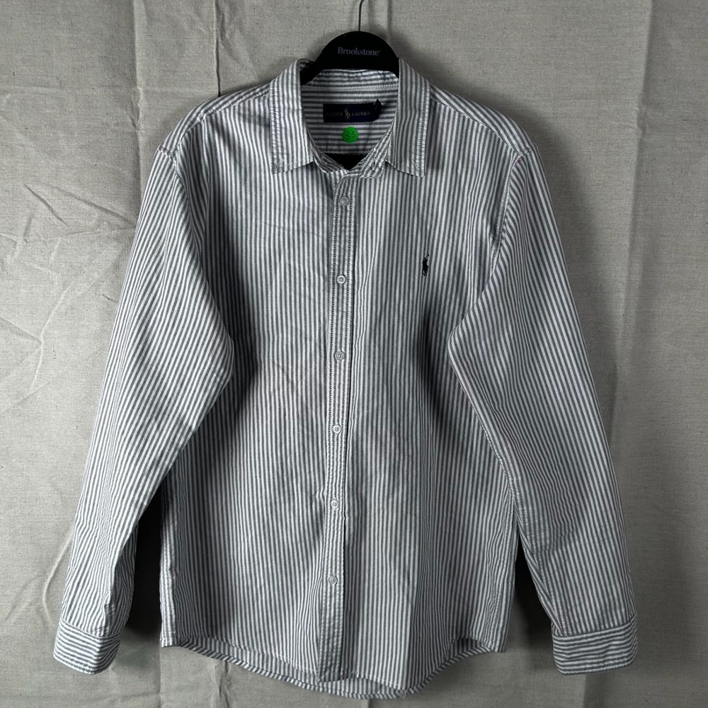 Ralph Lauren Mens XXL Striped Button Down Shirt Gray White Long Sleeve Pony Logo